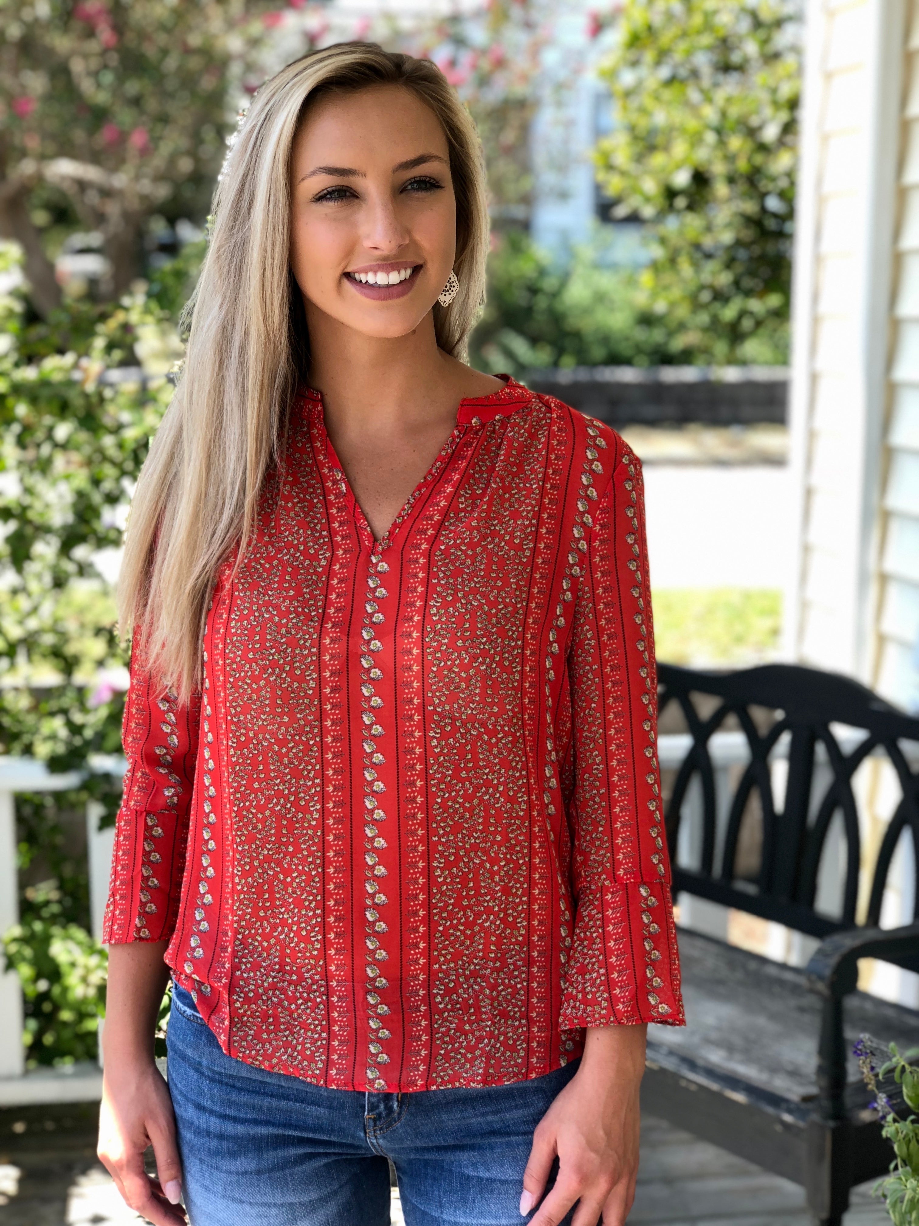 V-Neck 3/4 Bell Sleeve Print Top
