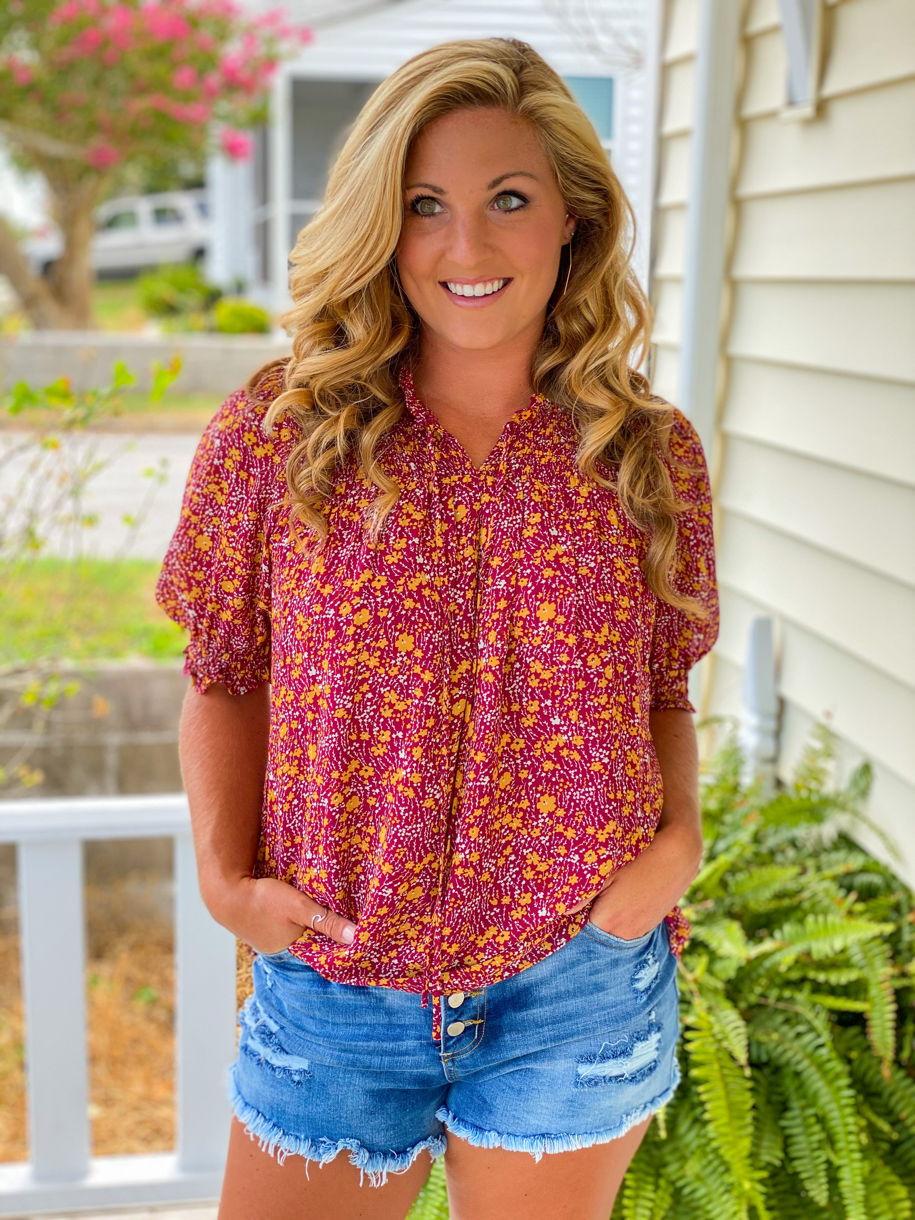 Printed Smocked Peasant Blouse