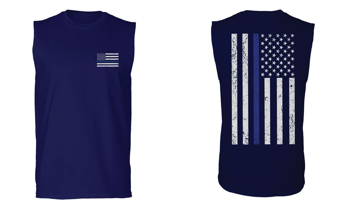 Tee Hunt Thin Blue Line American Flag Muscle Shirt Stars and Stripes Police Sleeveless