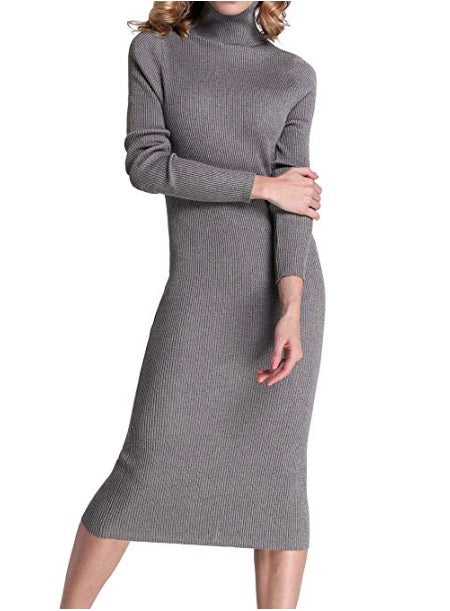 Calf Length Ribber Knit Sweater Dress 