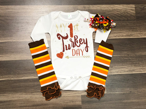 My First Thanksgiving Orange Bodysuit Brown Turkey Baby Dress Leg Warmer NB-18M