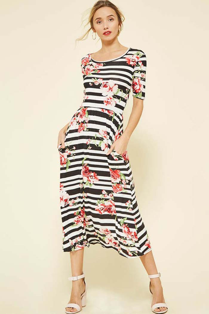 Amy Floral Striped Midi Dress : Black