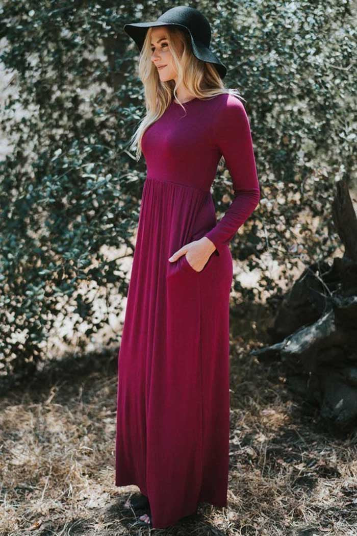 High Waist Solid Maxi Dress : Magenta