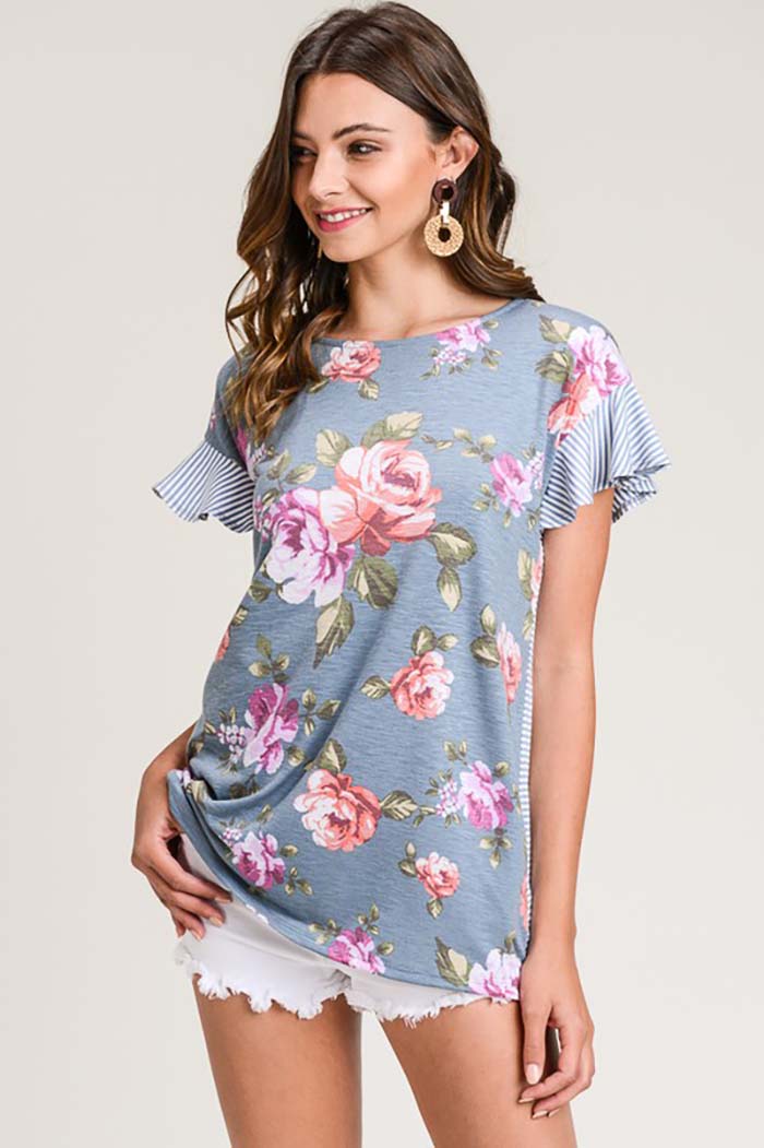 Maria Short Ruffle Sleeve Top : Denim