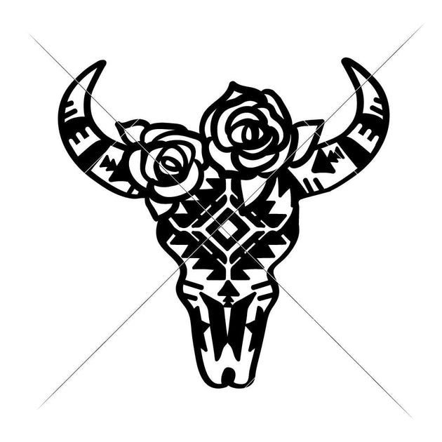 Cow Skull Bull Head with Aztec pattern and Roses svg png dxf eps