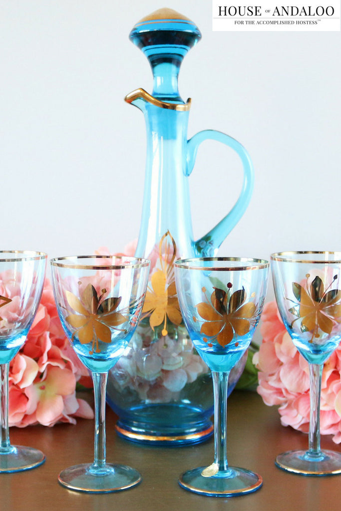 Mid-Century Blue Wine Decanter With Glasses