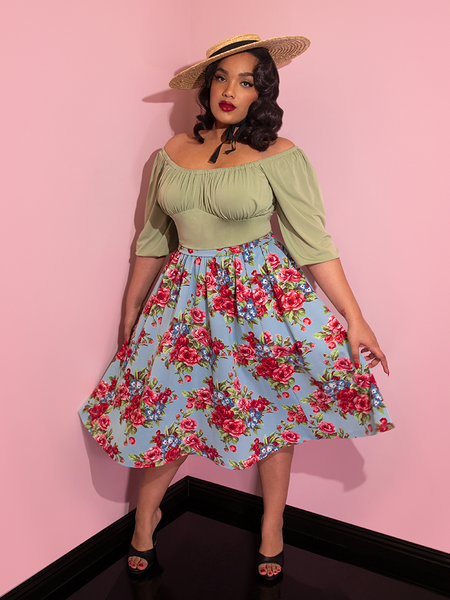 FINAL SALE - Vacation Swing Skirt in Vintage Blue and Red Rose Print -  Vixen by Micheline Pitt