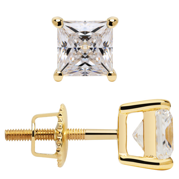 Wellingsale 14K Yellow Gold Polished 3mm Princess Solitaire Diamond Cut Stud Earrings With Screw Back 