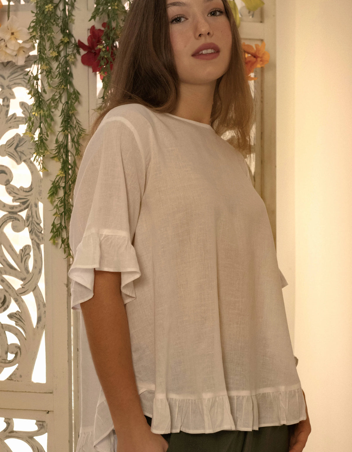 Mylene Top Relaxed Linen Blend Frilled High Low Hem