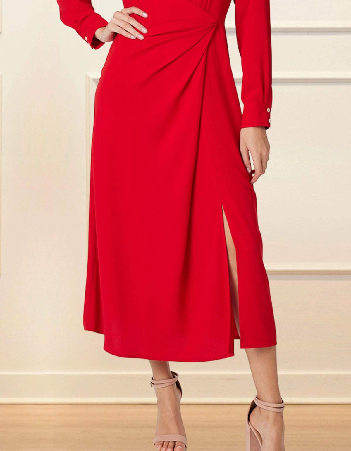 Lola Midi Shirt Dress Wrap Skirt Side Slit Red