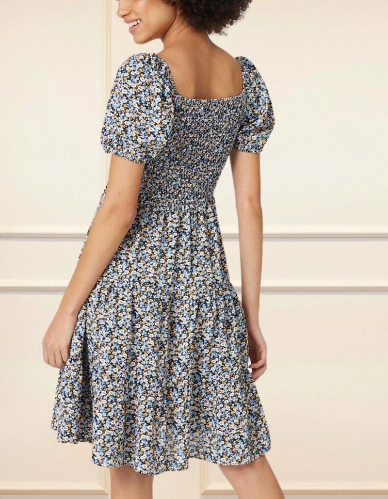 Scarlette Dress Fit Flared Tiered Ditsy Flowers Blue