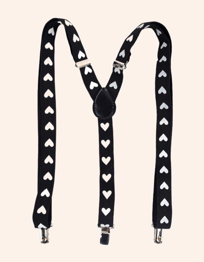 Amour Suspenders Elastic White Hearts Black