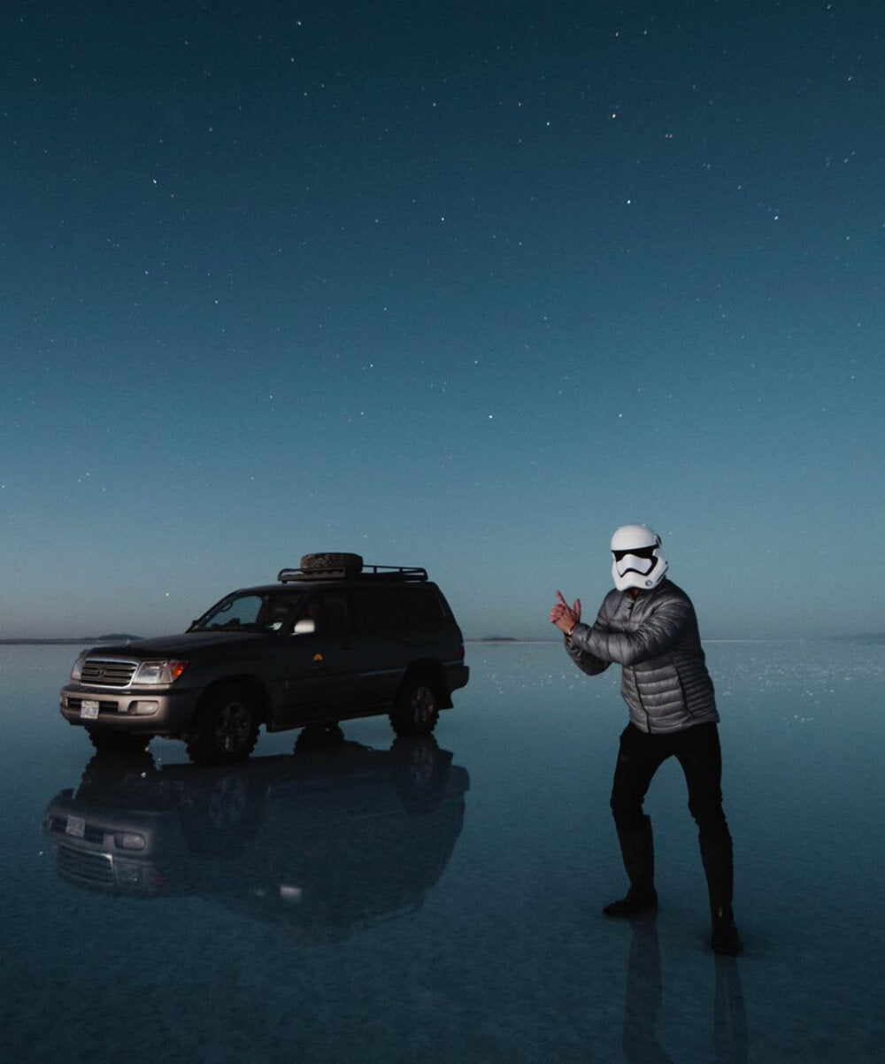 Lost LeBlanc dressed as Storm Trooper at the Salt Flats in Uyuni, Bolivia