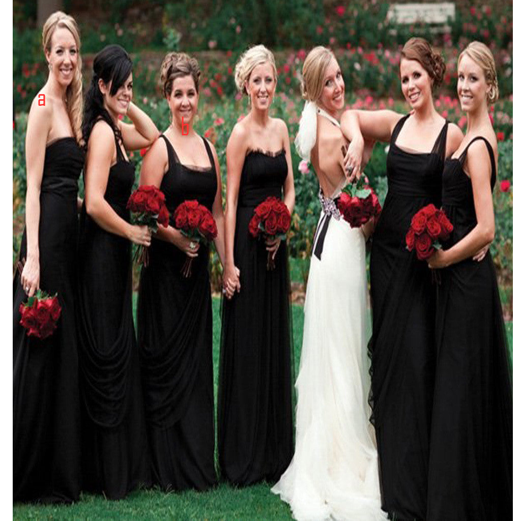 Long Black Simple Vintage With Straps Beach Wedding Party Bridesmaid Dresses Rg215