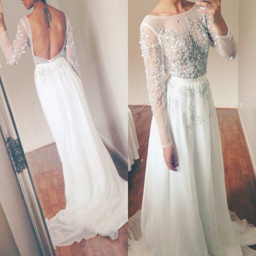 white beaded long sleeve dress