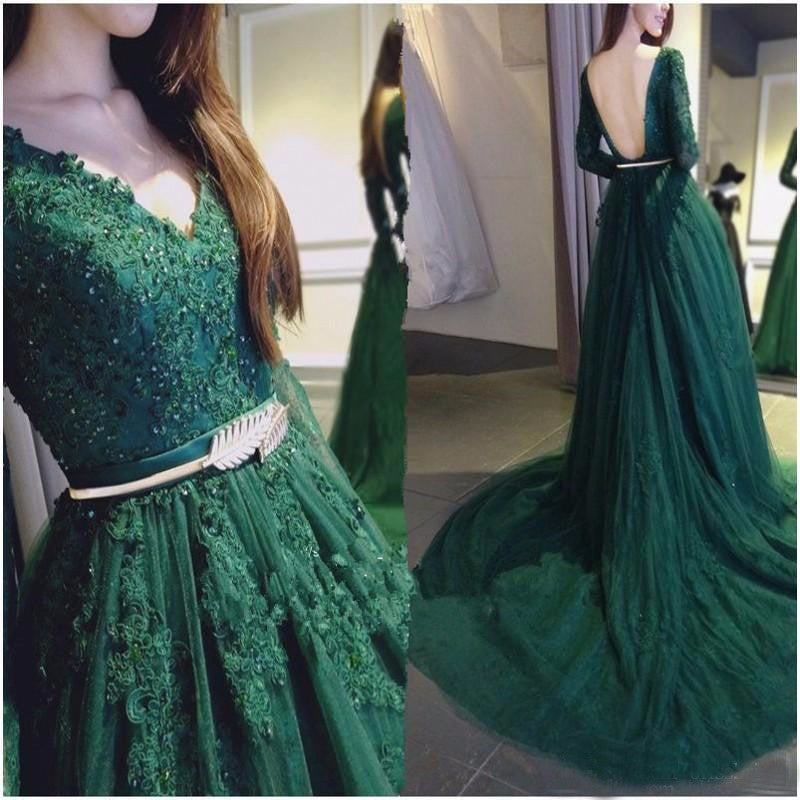 dark green long sleeve prom dress