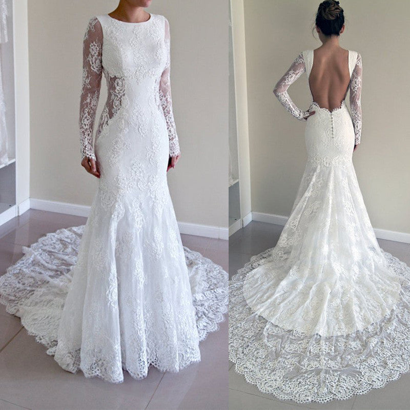 lace wedding dress with sleeves open back