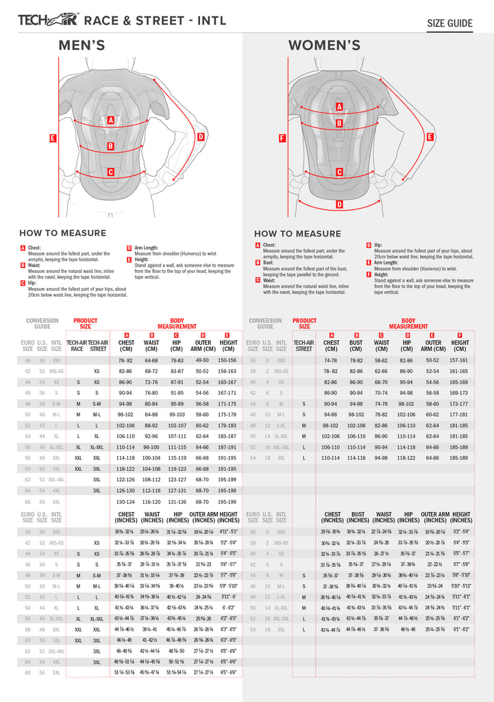 Alpinestars Tech-Air Race Vest Size Chart