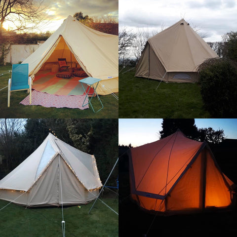 4 glawning bell tents set up in the garden