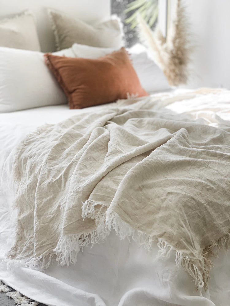 Linen Fringed Queen Throw | Flax