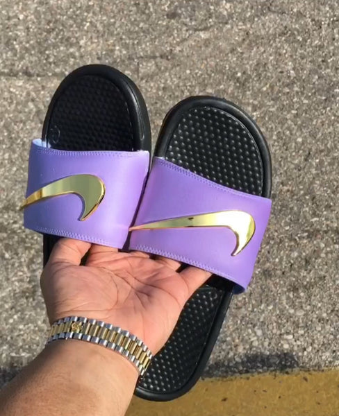 nike slippers purple and gold