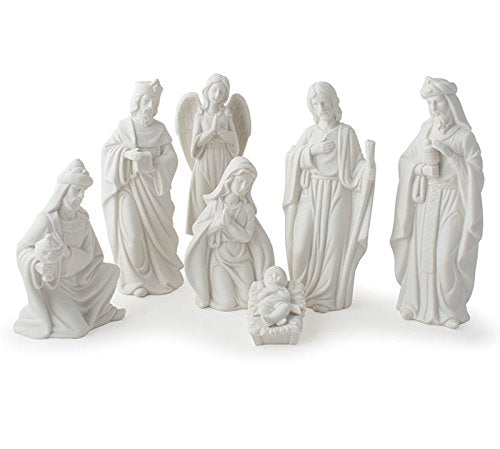 Modern Matte White Porcelain Christmas Nativity Set 7 Piece Tabletop Holiday Decoration Medium Size