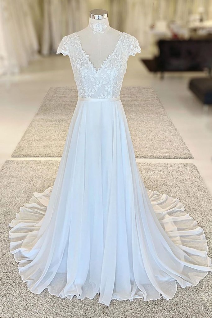 v neck short sleeve wedding dress