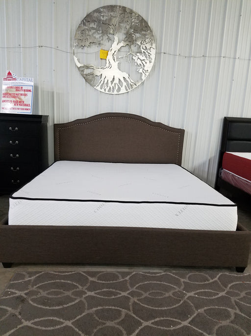 King Size Platform Bed Brown Linen with Nail Head