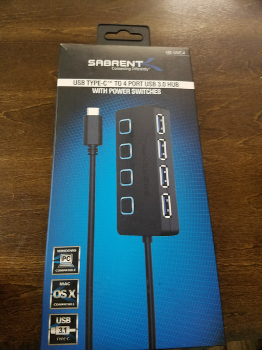 Sabrent USB Type-C To 4 Port USB 3.0 Hub With Power Switches