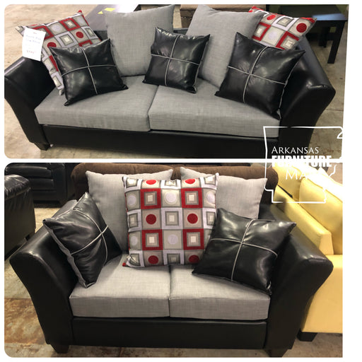 Anderson Sofa And Loveseat Set In Gray And Black With Black And Red Accent Pillows