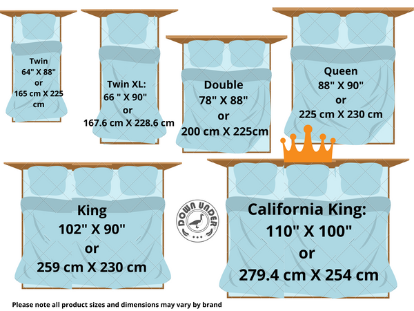 Duvet comforter sizes,  dimensions and measurements