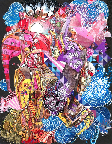 Elephants On Parade - Collage & Paint Pen, 11" x 14" - 2013 - Prints Available