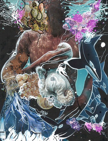 Sea Hug - Collage & paint pen, 11" x 14" - Prints Available