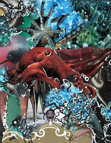 Deadly Sea - Collage & Paint Pen, 11" x 14" - 2010 - Prints Available
