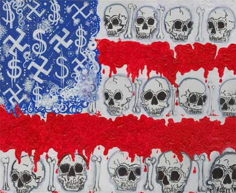 I Pledge to the Empire - Acrylic, 16"x20" - Inspired by the striking similarities between the corporate control of all mainstream media and the propagandizing of the Germans under the Nazi regime, the imperialistic and illegal wars of aggression, the massacres of millions from these wars, and the covert actions carried out around the world by the C.I.A in our name.