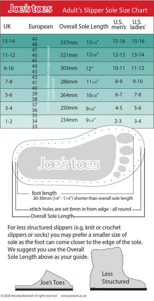Joe's Toes adult shoe size conversion chart