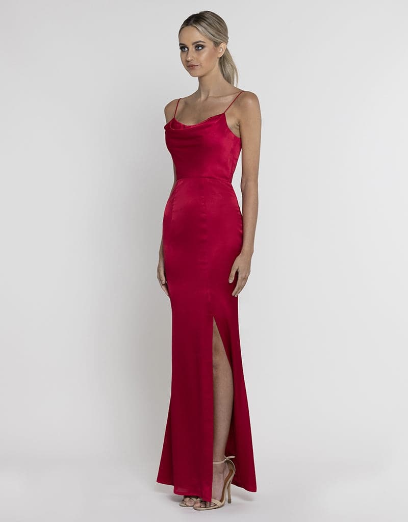 red cowl satin dress