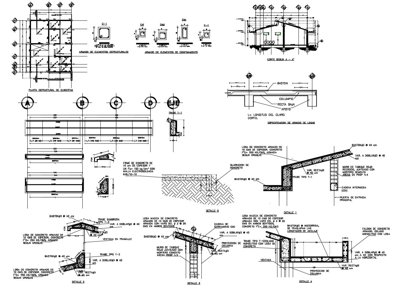 Structure detail in concrete slab & Footing & Waterproofing for walls up to 40cm width based on 2 layers of alternating with a layer of fester felt. Optional shoe with fence wall, Specification of slab reinforcement etc