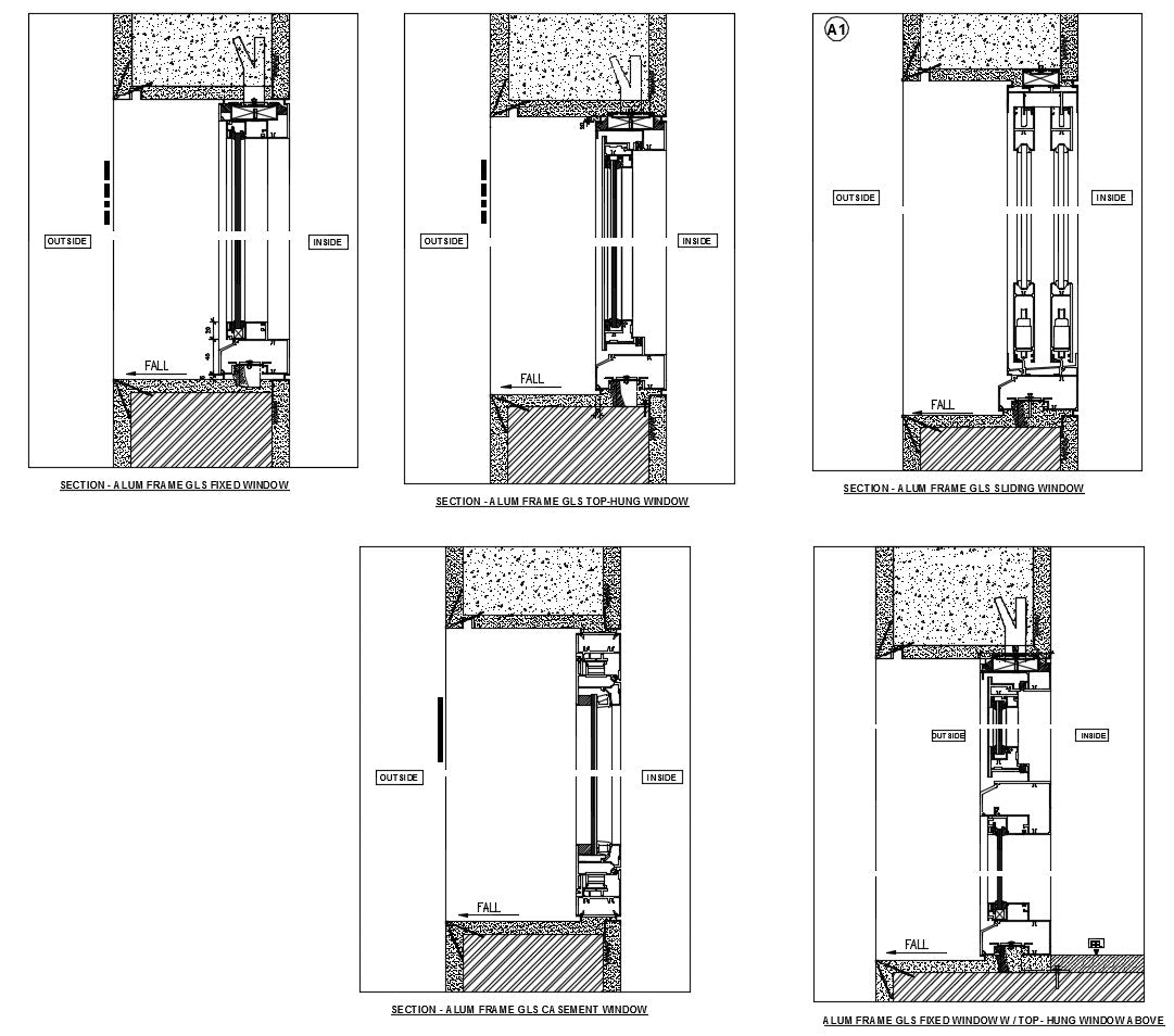 Installation of window , Section Detail, Plan Detail, Elevation detail with dimension and Detail.