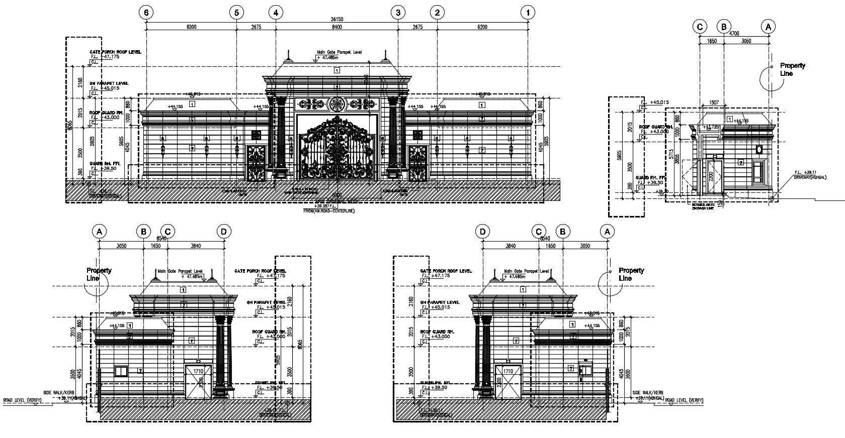 Main Gate Structure detail. FLOORING LAYOUT PLAN, INSIDE (REAR) ELEVATION, SECTION A-A, RIGHT SIDE ELEVATION, LEFT SIDE ELEVATION, ROOF PLAN, etc
