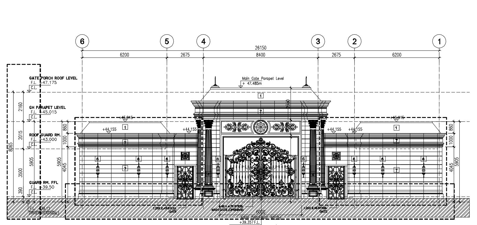 Main Gate Structure detail. FLOORING LAYOUT PLAN, INSIDE (REAR) ELEVATION, SECTION A-A, RIGHT SIDE ELEVATION, LEFT SIDE ELEVATION, ROOF PLAN, etc