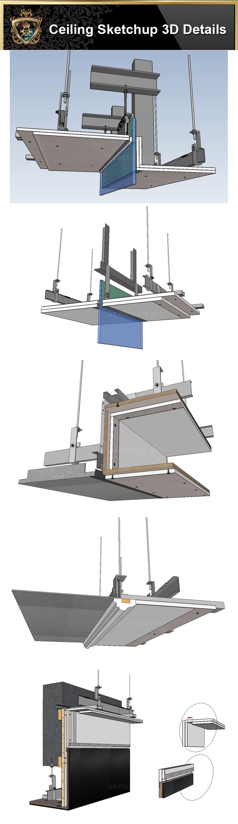 Sketchup Ceiling Details,light steel frame ceiling,hard cover ceiling,plasterboard ceiling,mirror ceiling,wood veneer ceiling,mineral wool board ceiling,air conditioning duct,smoke blocking wall,aluminum plate,gypsum board