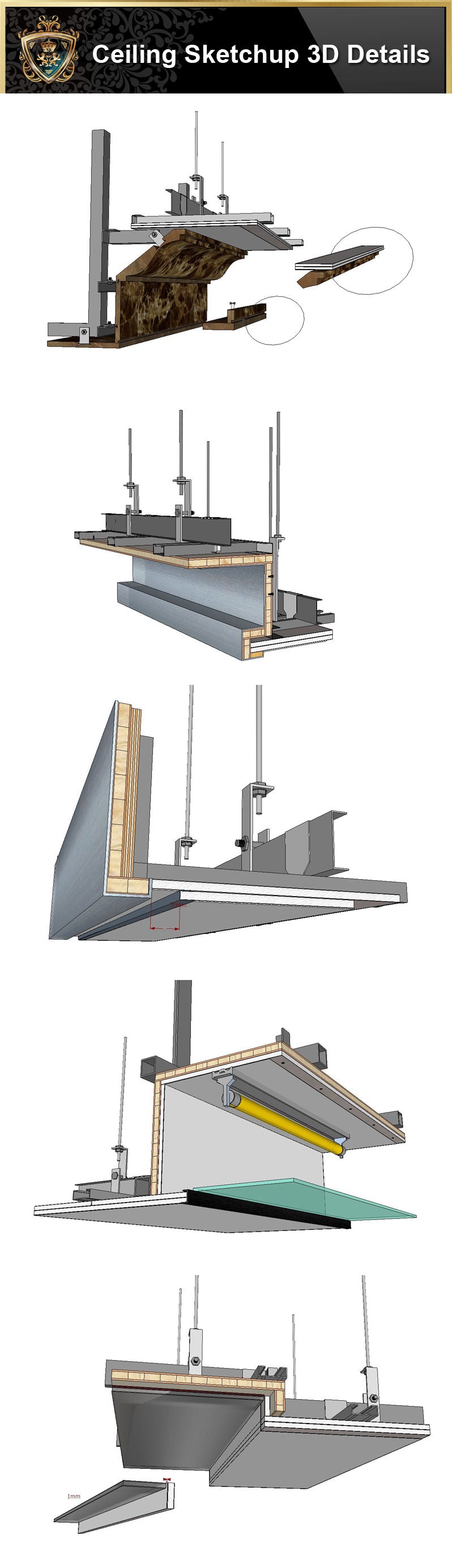 Sketchup Ceiling Details,light steel frame ceiling,hard cover ceiling,plasterboard ceiling,mirror ceiling,wood veneer ceiling,mineral wool board ceiling,air conditioning duct,smoke blocking wall,aluminum plate,gypsum board