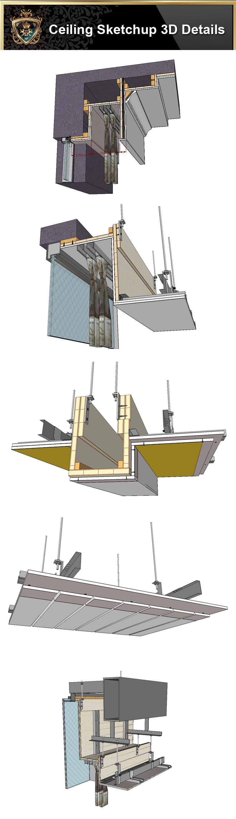 Sketchup Ceiling Details,light steel frame ceiling,hard cover ceiling,plasterboard ceiling,mirror ceiling,wood veneer ceiling,mineral wool board ceiling,air conditioning duct,smoke blocking wall,aluminum plate,gypsum board