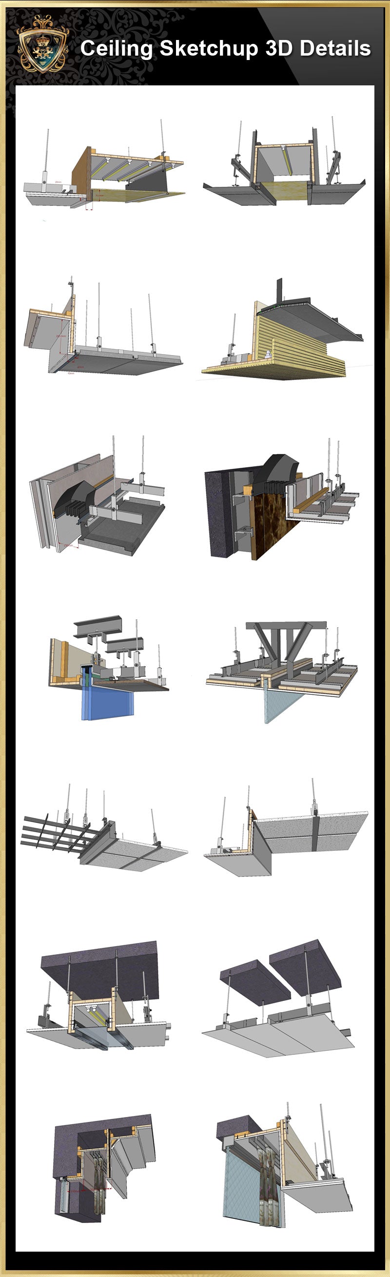 Sketchup Ceiling Details,light steel frame ceiling,hard cover ceiling,plasterboard ceiling,mirror ceiling,wood veneer ceiling,mineral wool board ceiling,air conditioning duct,smoke blocking wall,aluminum plate,gypsum board