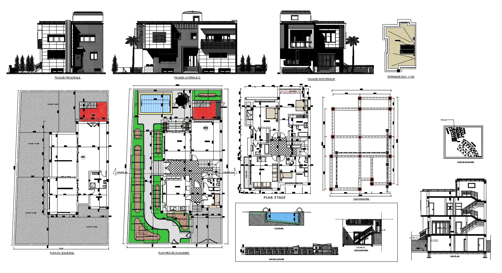 Villas architecture cad drawing and detail