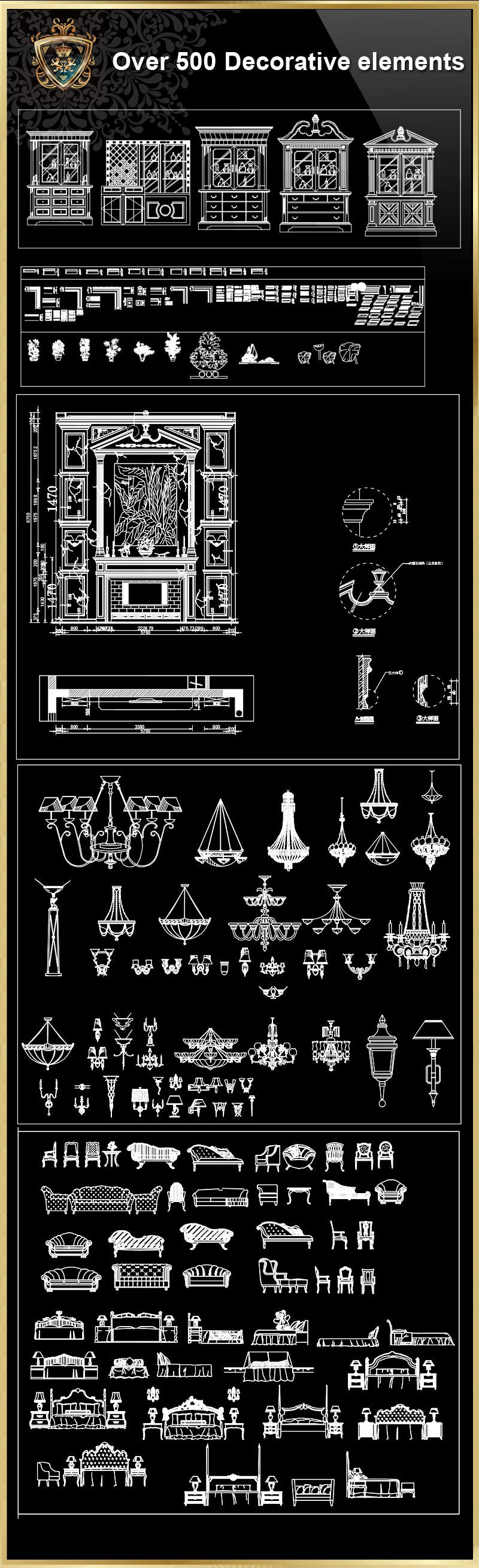 Over 500+ Neoclassical Interiors Decor, Decorative elements-Frame,Pattern,Border,Door,Windows,Cabinet,Lattice,Ceiling,Paving