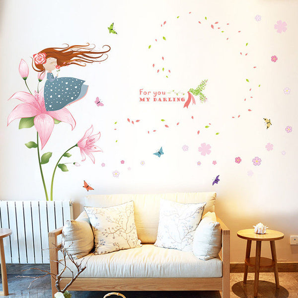 Fundecor Blowing Petals Girl Wall Stickers For Kids Rooms Nursery Baby Bedroom Children Decals Art Murals Diy Home Decorations