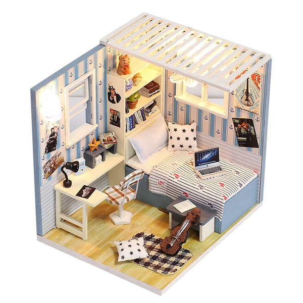 Dollhouse Miniature Diy House Kit Educational Handmade Assembly Model Creative Room With Furniture Blue