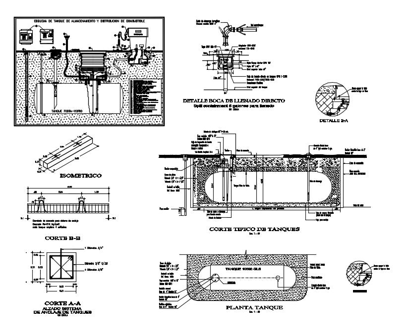 Fual tank insttalations design and detail guide in autocad dwg files. Include working plan, sections, elevations, working plan and detail of fual tank.